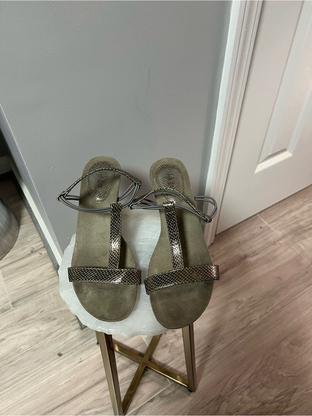 Women's Metallic Taupe T-Strap Sandals
